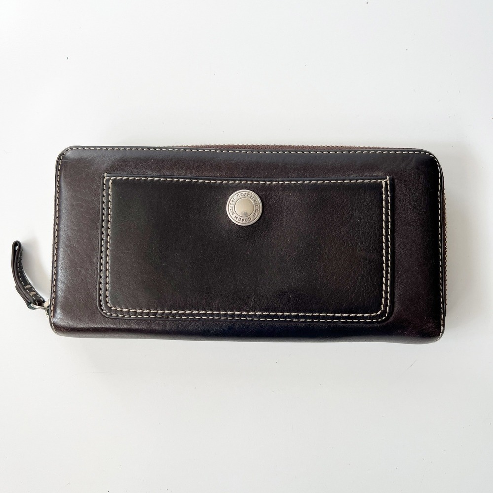Coach Zip Around Accordion Wallet OS Dark Brown Leather Silver Tone Logo Zip
